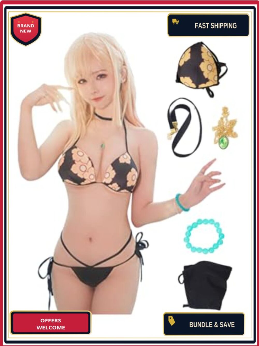 Anime Cosplay Bikini Swim Set with Bracelet Necklace